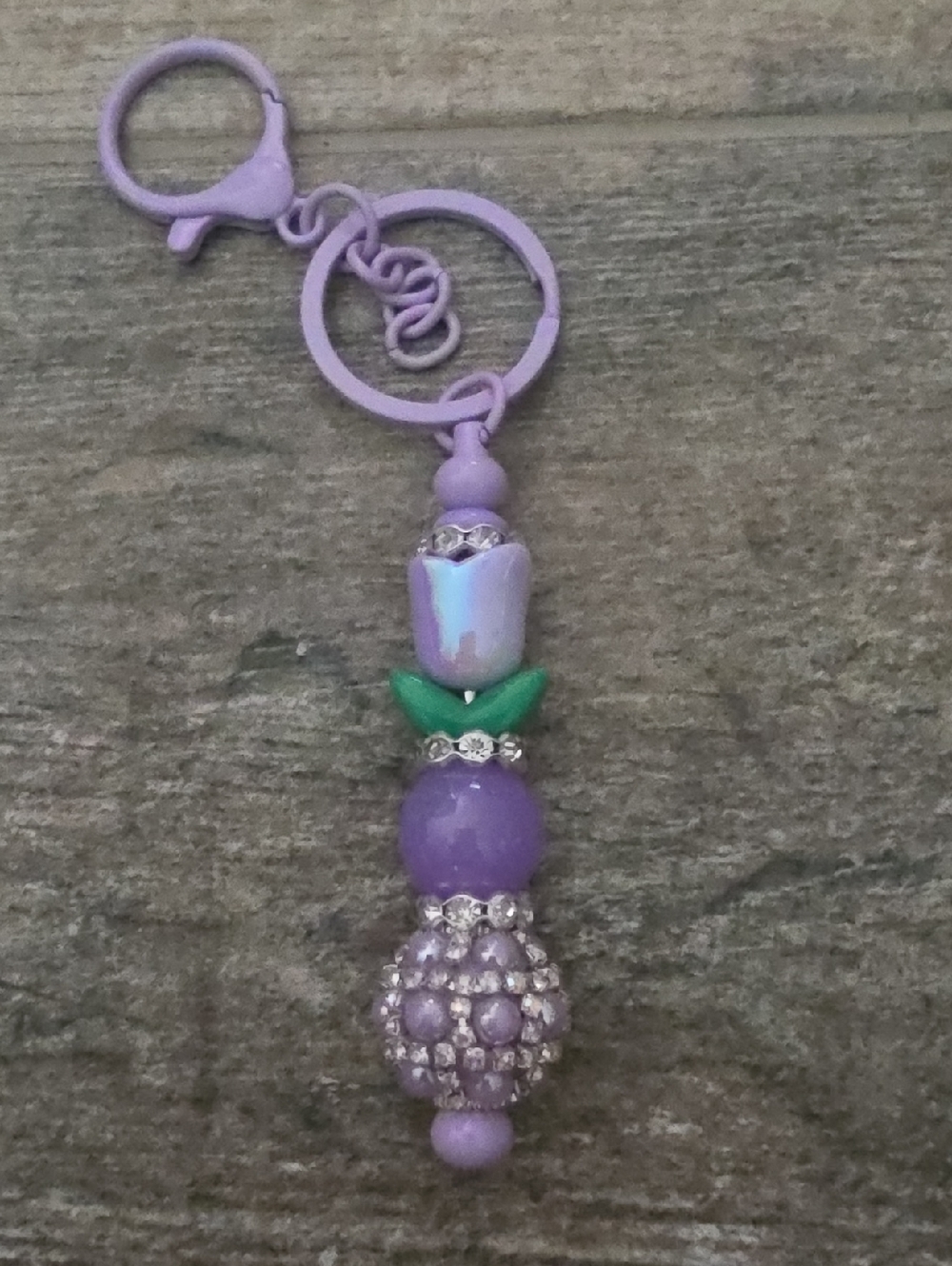 Iridescent Lavender Beaded Keychain with Purple Tulip And Green Accent NWT